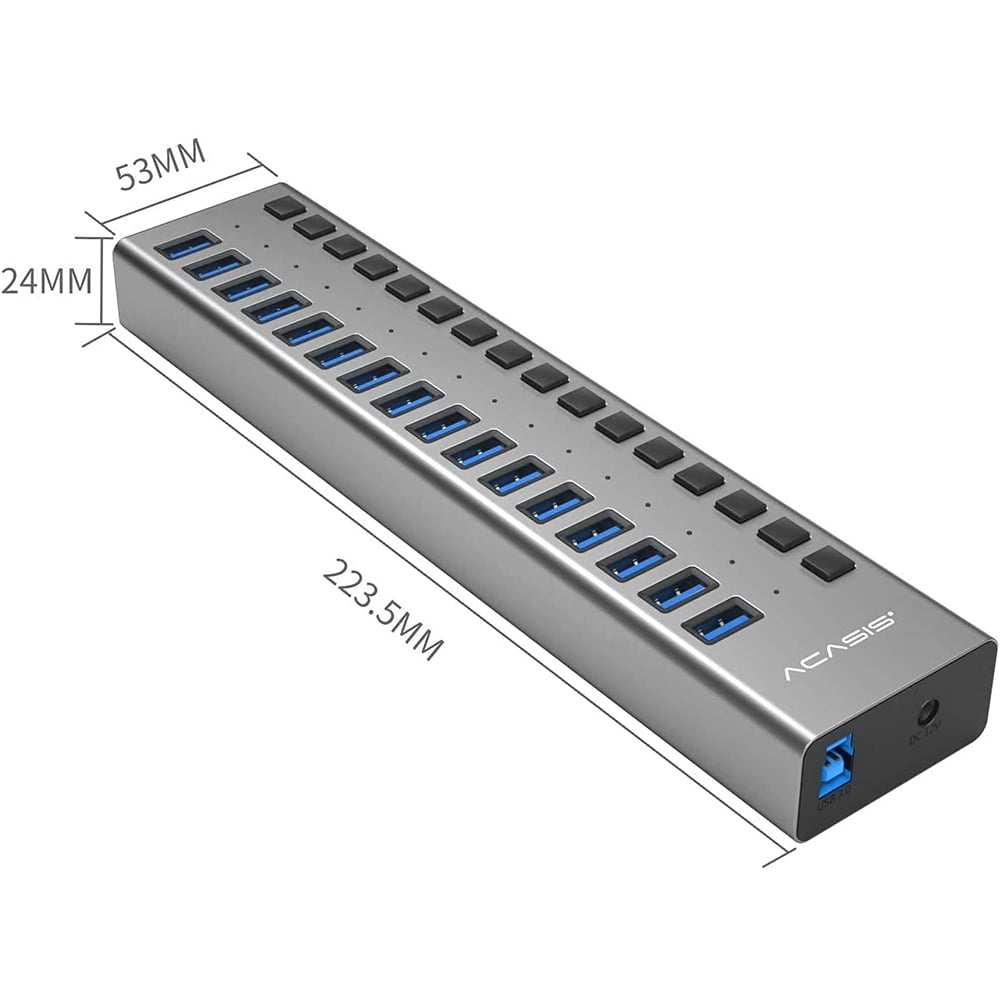 ACASIS 16 Ports 90W USB 3.0 Hub, Aluminum Housing, Individual Switches, 12V/7.5A Adapter, 5Gbps Speed