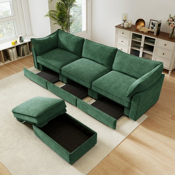 L-Shaped Sectional Sofa with Storage Ottoman, 3-Seat Chenille Couch, Deep Seating Modern Living Room Furniture in Green