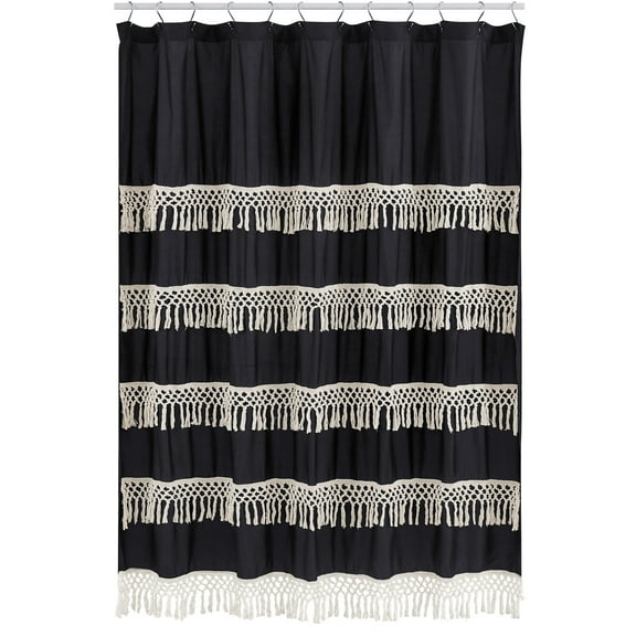 Boho Fringe Black and Ivory Fabric Shower Curtain by Sweet Jojo Designs
