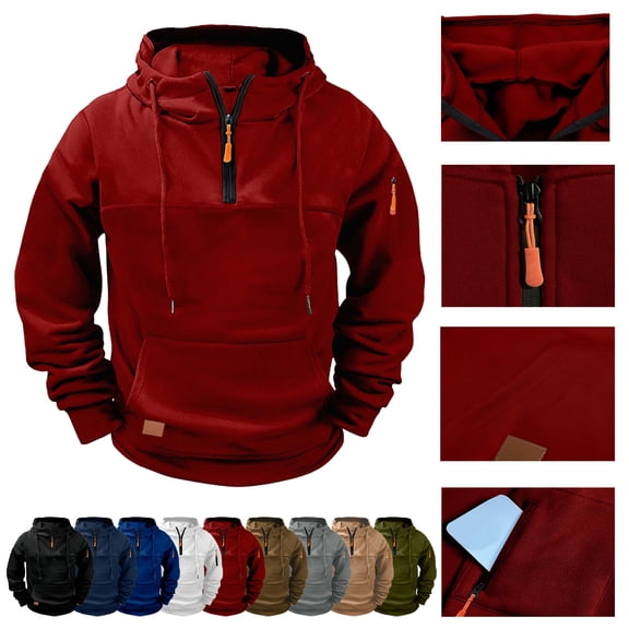 Jovrlynd Men's Hoodies Fleece Lined Quarter Zip Long Sleeve Plus Size Cargo Hooded Pullover, S-3XL