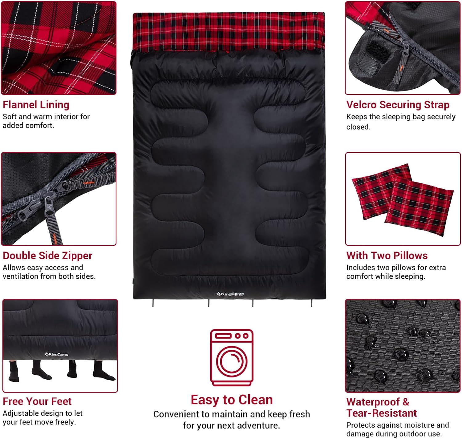 KingCamp Cotton Flannel Queen Size 2 Person Double Sleeping Bags with Pillows for Adult Lightweight Compact Backpacking Camping 20°F for Couples & Family Black