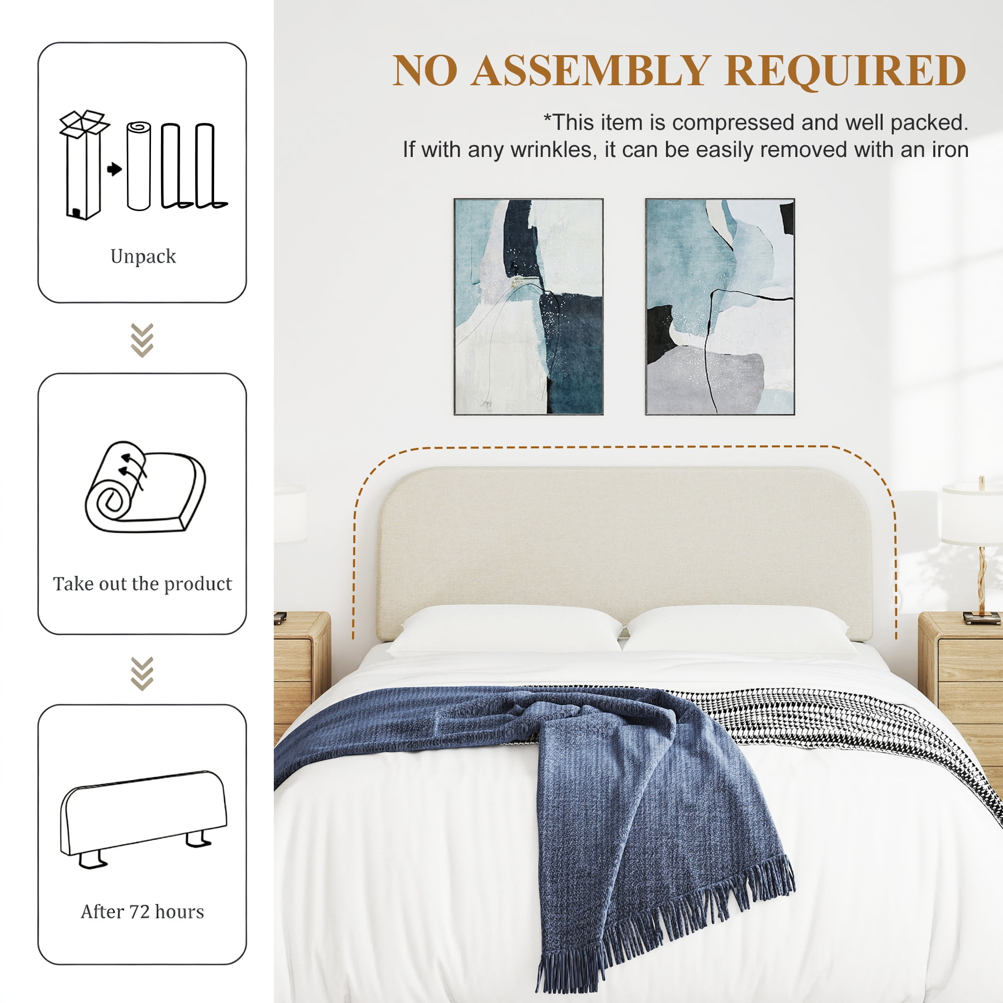 Furpopup Queen Size Headboard Only No-Assembly Upholstered Headboard, Queen Size Linen Fabric Modern Style Headboards Extra-Thick- Beige
