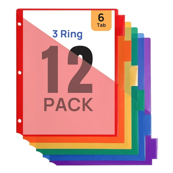 JILoffice 12 Count Binder Dividers with Tabs, Dividers for 3 Ring Binders, 6-Tab Dividers with Pockets, Binder Dividers for School Office and Home Organization, Multicolor, Letter Size