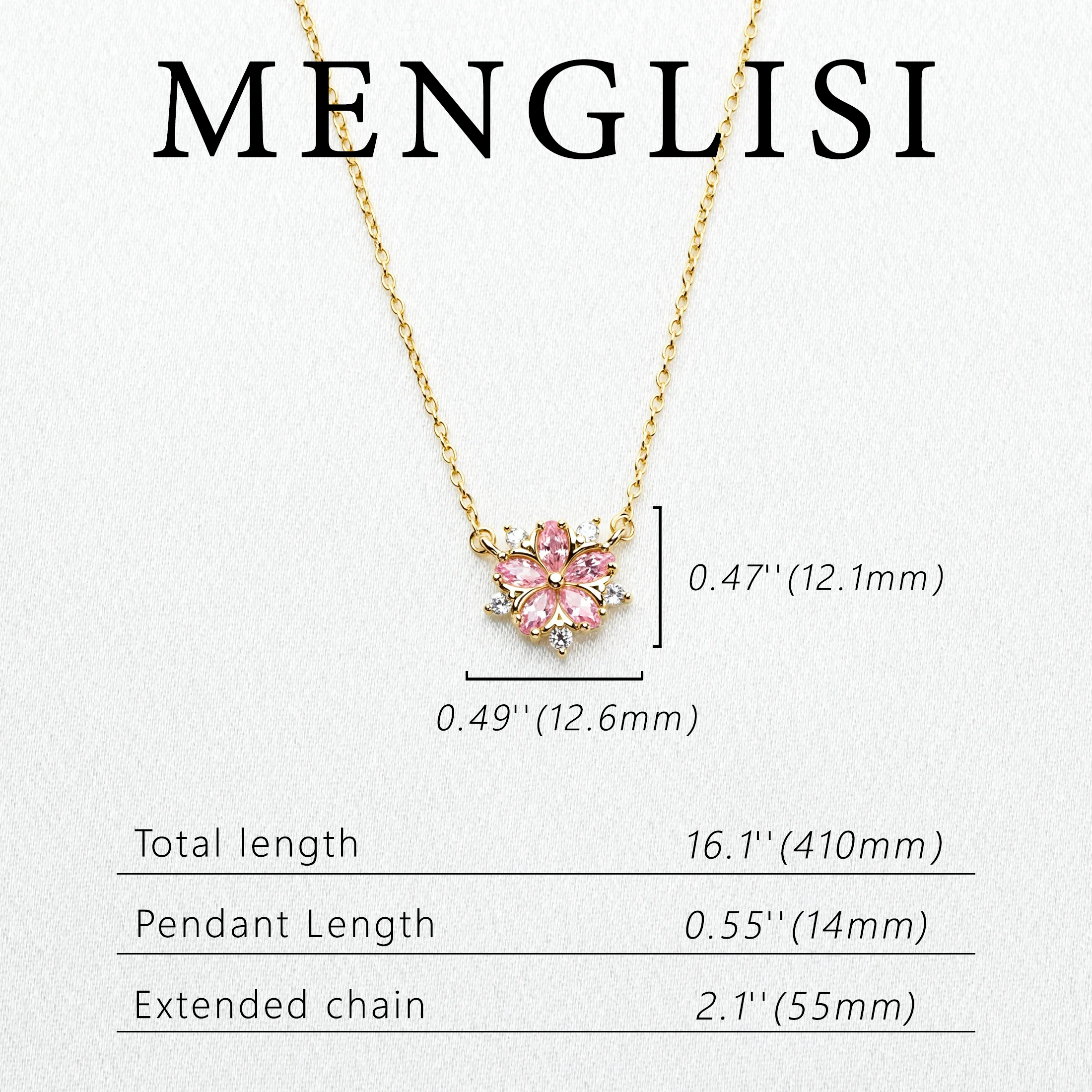 MENGLISI Light Pink Cubic Zirconia Five-Petal Flower Pendant Necklace for Women, 14K Gold Plated Copper