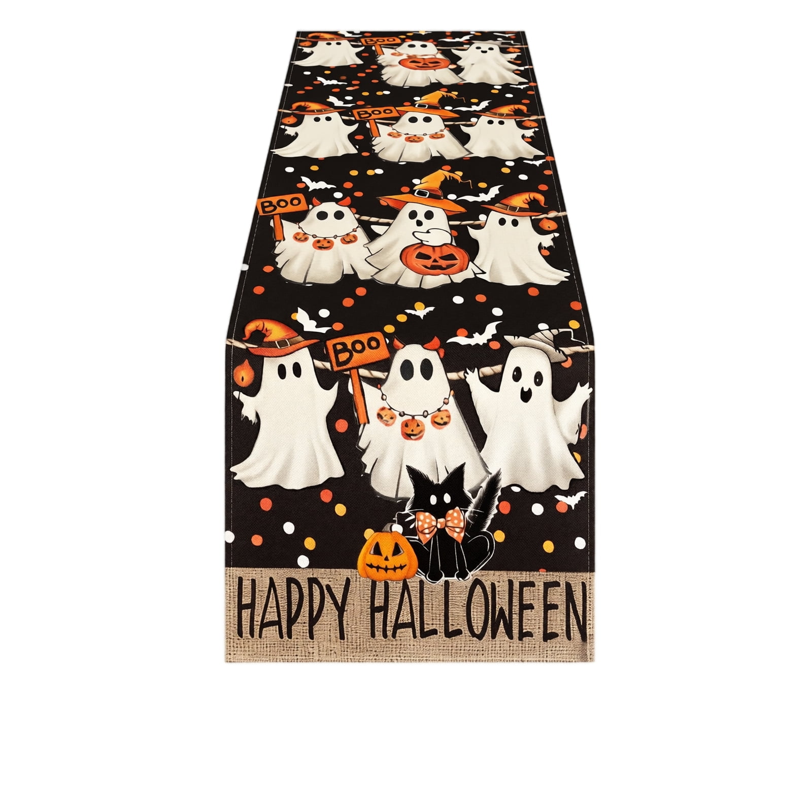 Halloween Table Runner with Scary Ghost Patern Heat Linen Table Halloween Decoration Festive Fall Party Supplies for Dining Table 72