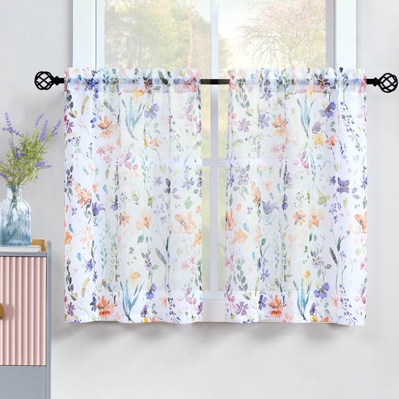 Fragrantex Purple Print Kitchen Curtains Sheer Cafe Curtains Cotton Like Lilac Orange Flower Bathroom Curtains 28"Wx36"L Rod Pocket