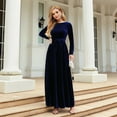 thumbnail image 2 of Women'S Elegant Velvet Belted Pleated Long Sleeve Party Formal Wedding Guest A-Line Maxi Long Dress Dark Blue M, 2 of 7