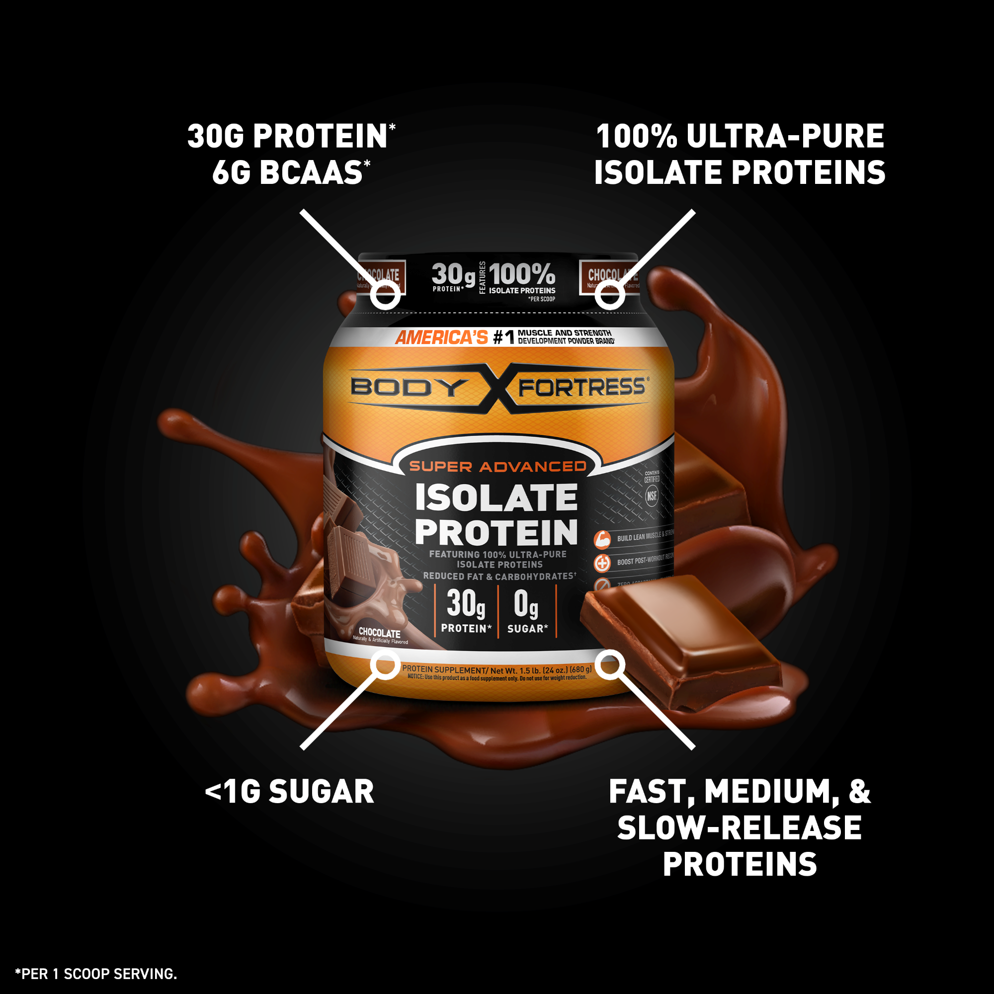 Body Fortress Isolate Powder, 30g Protein per scoop, Chocolate, 1.5 lbs (Packaging May Vary) - image 3 of 6