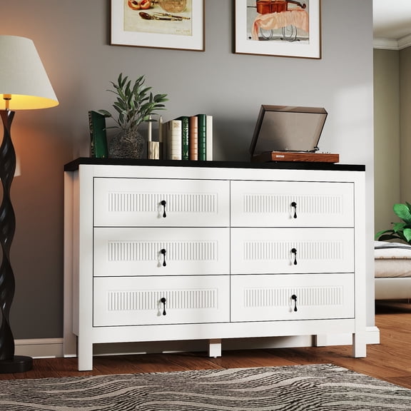Modern 6 Drawer Dresser, Wide Wooden Storage Cabinet Chest of Drawers for Bedroom, Living Room or Entryway