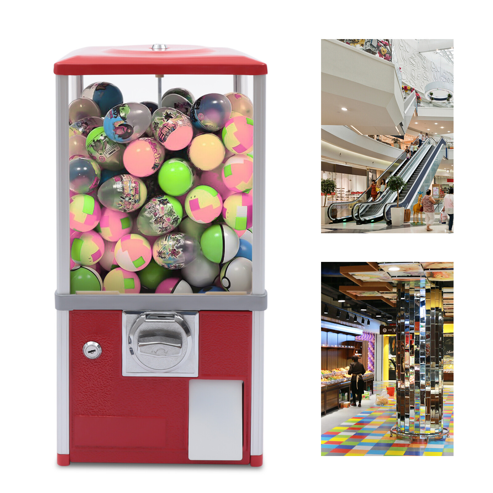 Gumball Machine,Vending Machines for Business,1.77-1.97Inch Ball Diameter,800 Coin Bank Capacity,4 25 Cent Coins,Vending Machine for Selling Capsule Toys Candies (Red)