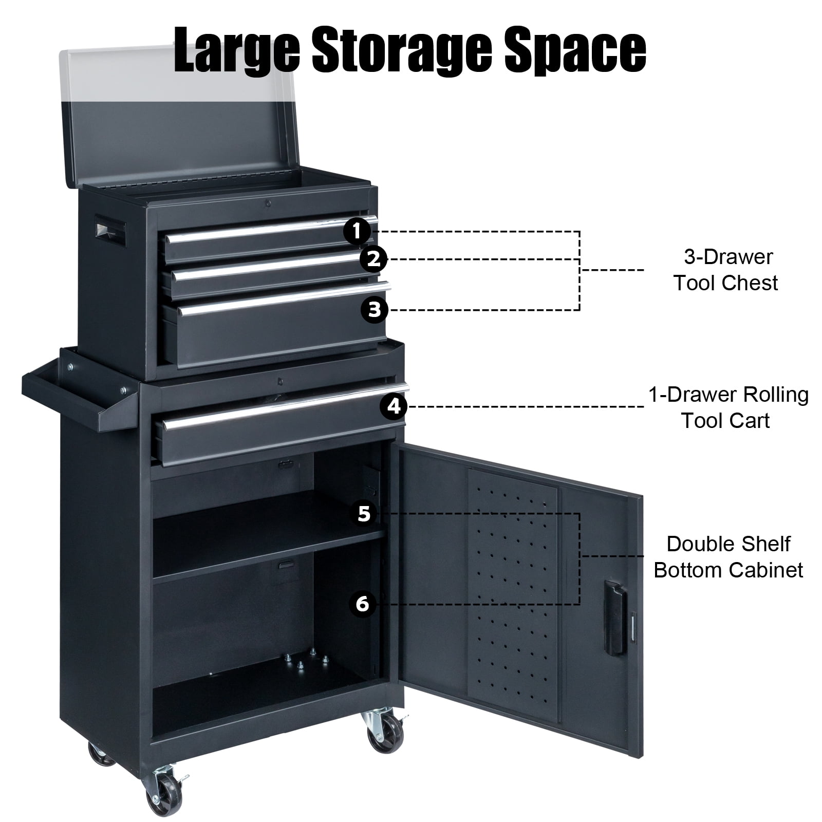 Tcbosik Tool Chest, 4-Drawer Rolling Tool Storage Cabinet with Door, Metal Tool Cart with Shelf, Tool Box Organizer for Garage Workshop, Black