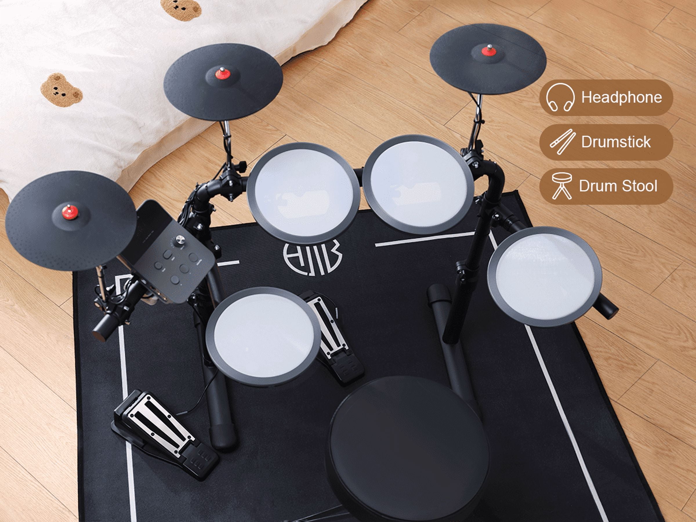HAMPBACK MK-0 Electric Drum Set with 7'' Mesh Pads, 8'' Cymbals, 12 Kits, USB MIDI, Suitable for Beginners Aged 3-12 at The Entry Level