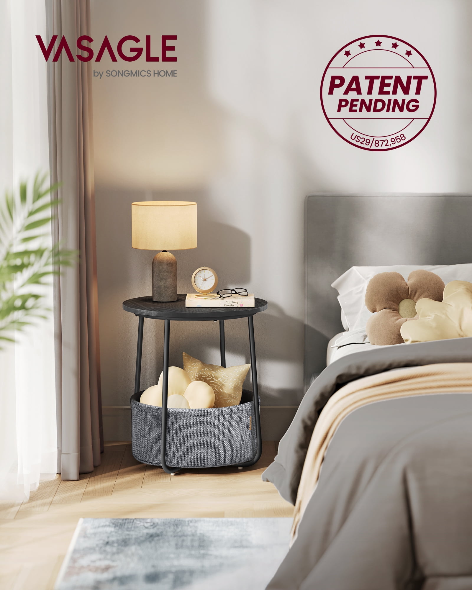 Round End Side Table with Fabric Storage Basket Bedside Table Nightstand for Living Room Bedroom Ebony Black and Slate Gray