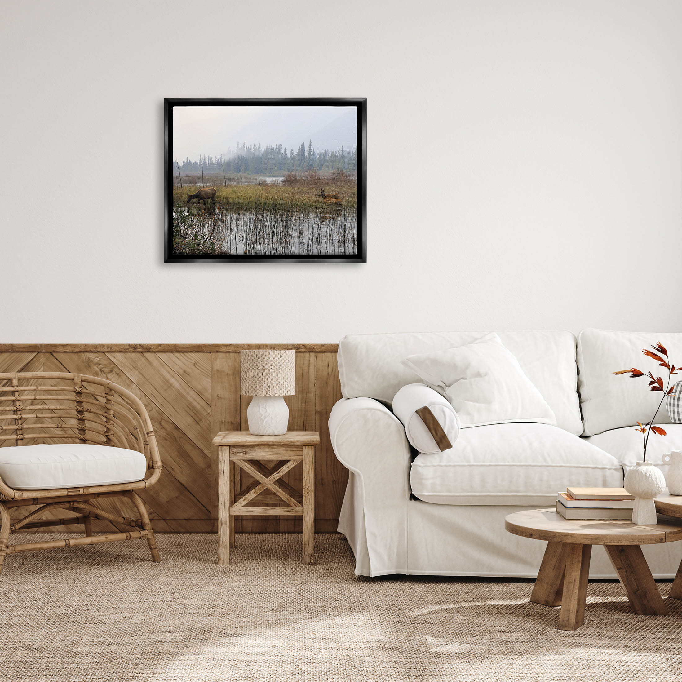 Animals Grazing Creek Landscape Landscape Photograph Jet Black Framed Art Print Wall Art