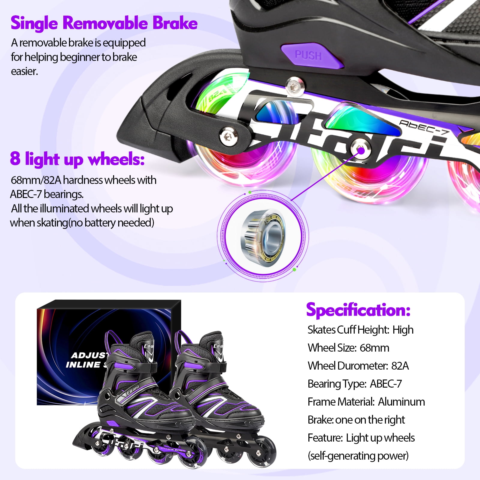 Cifaisi Adjustable Inline Skates with Illuminating Wheels for Kids,Girls and Boys,Size 6.5-8