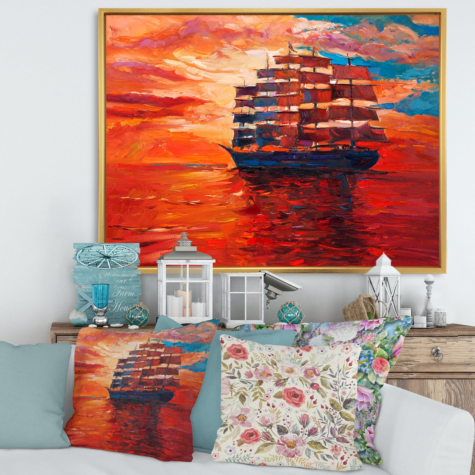 Designart 'Frigat During Red Evening Glow On The Ocean Horizon' Nautical & Coastal Framed Canvas Wall Art Print