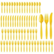 Party City Assorted Disposable Cutlery Set, 64-Piece Set (Yellow) - 32 Forks, 16 Knives & 16 Spoons - Go Brightly Heavy Duty Disposable Plastic Forks, Spoons & Knives - Party Supplies Cutlery