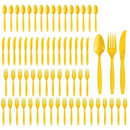 Party City Assorted Disposable Cutlery Set, 64-Piece Set (Yellow) - 32 Forks, 16 Knives & 16 Spoons - Go Brightly Heavy Duty Disposable Plastic Forks, Spoons & Knives - Party Supplies Cutlery