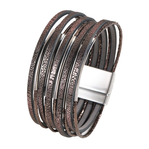 Pulsera rígida para mujer de cuero sintético PU, duradera, versátil, fácil de usar, multicapa. Café