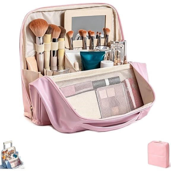 Sttlejura Standing Makeup Bag With Detachable Mirror, PU Leather Travel Cosmetic Organizer With Adjustable Dividers, Brush Slots and Luggage Strap, Pink