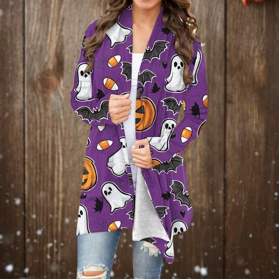 Fewfanhot Lightweight Cardigans for Women Halloween Long Sleeve Cardigan Fall Open Front Cardigan Pumpkin Print Medium Length Coat