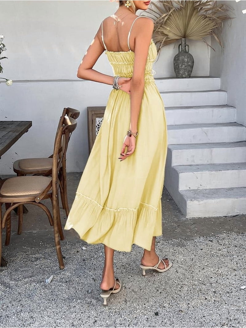 Women's Summer Extra Long Dresses Spaghetti Straps Y2k Cute Ruffles Tiered Wedding Dresses Holiday Cruise Resort Sets