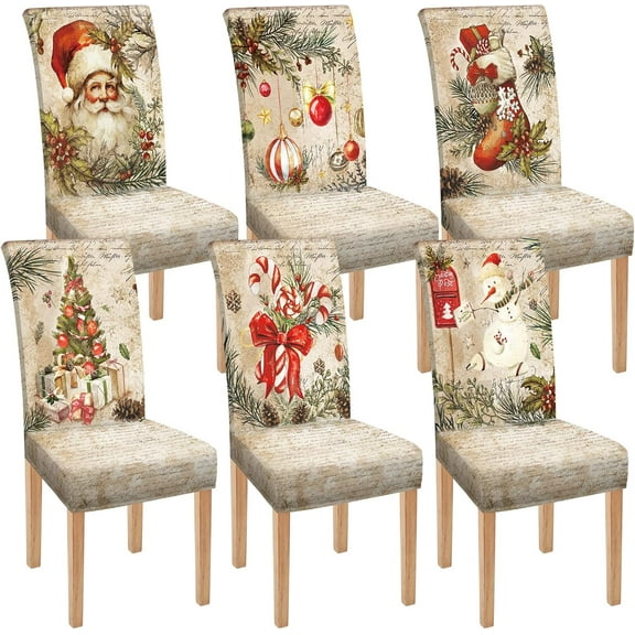 Touchbetter 6 Pcs Christmas Dining Chair Covers Removable Washable Stretch Slipcovers for Xmas Restaurant Farmhouse Kitchen Hotel Decor Supplies(Retro Style)