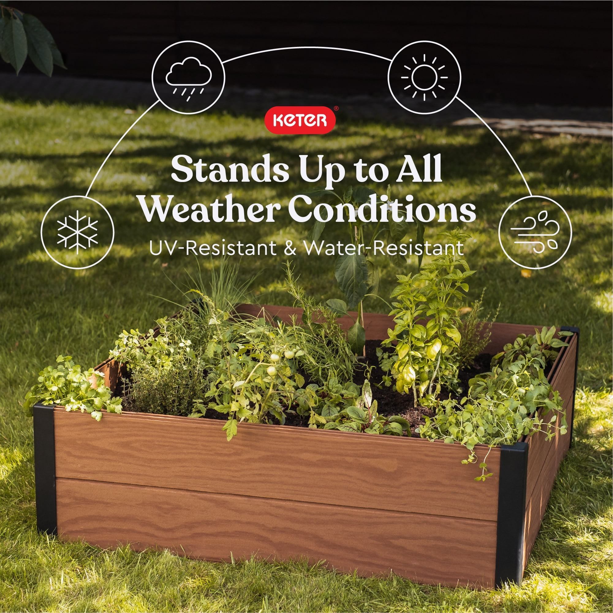 Keter 48" X 48" inches Maple Wood Look Garden Bed Durable Outdoor Planter, Brown