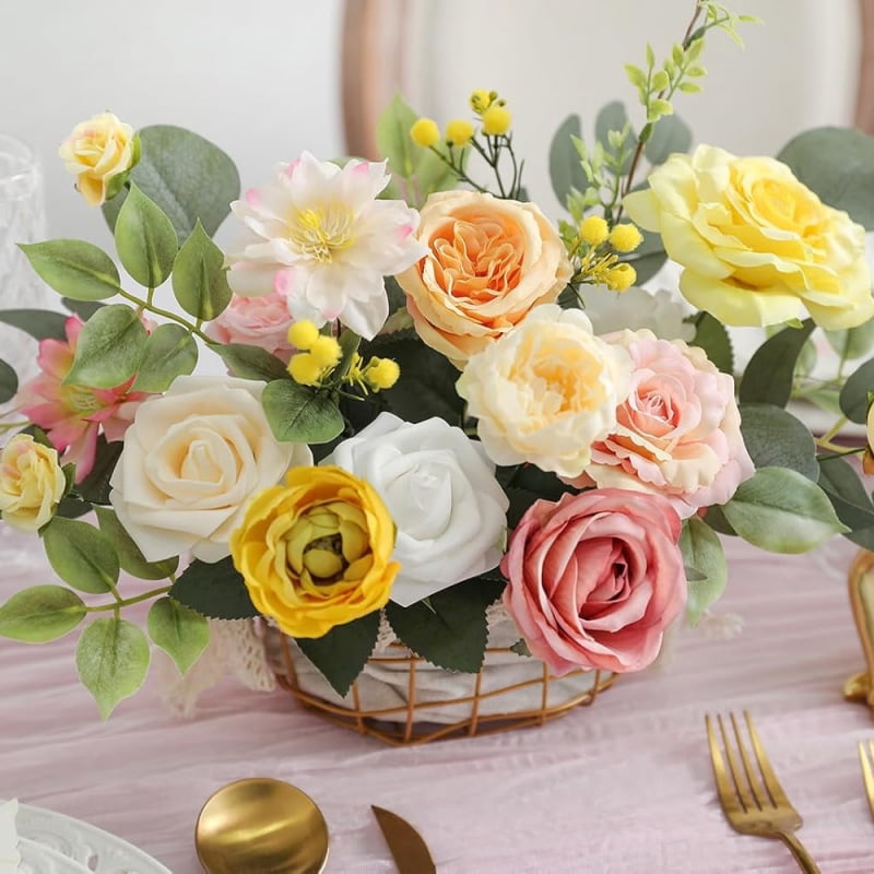 Tivamiko DIY Artificial Flower Set for Wedding Bouquets, Multi-Color Silk Fake Flowers for Home Decor, Parties, and Floral Arrangements(Yellow Series)