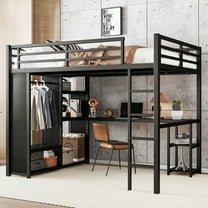 Queen Size Loft Bed with Built-in Wardrobe,Metal Bed Frame with Desk and Storage Shelves,Black
