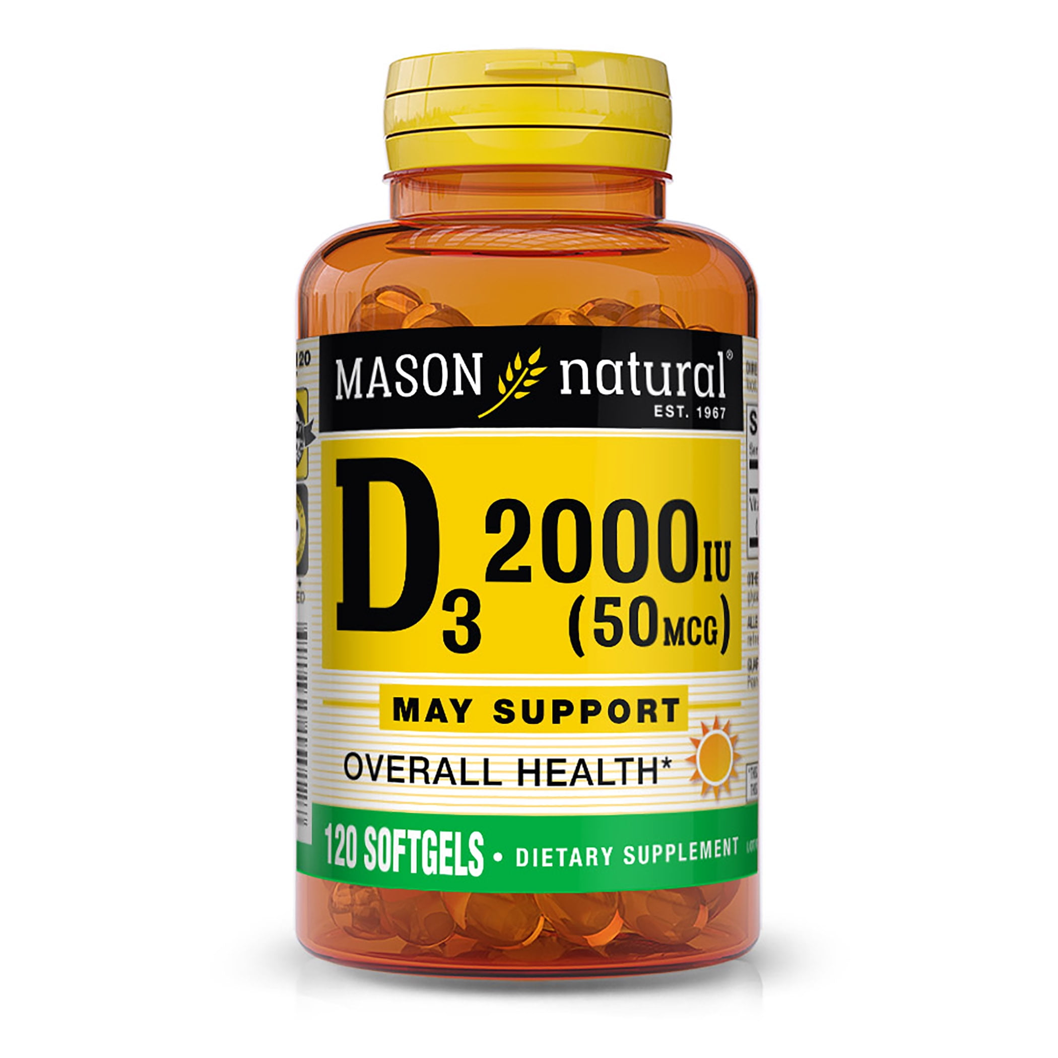 Mason Natural Vitamin D3 50 mcg (2000 IU) - Supports Overall Health, Strengthens Bones and Muscles, from Fish Liver Oil, 120 Softgels