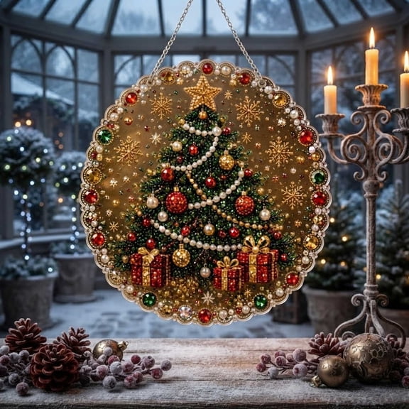 Christmas Pearl Diamond Art Kits for Adults, DIY 5D Ornament with Hanging Chain, Sparkling Holiday Home Decor and Gift Craft