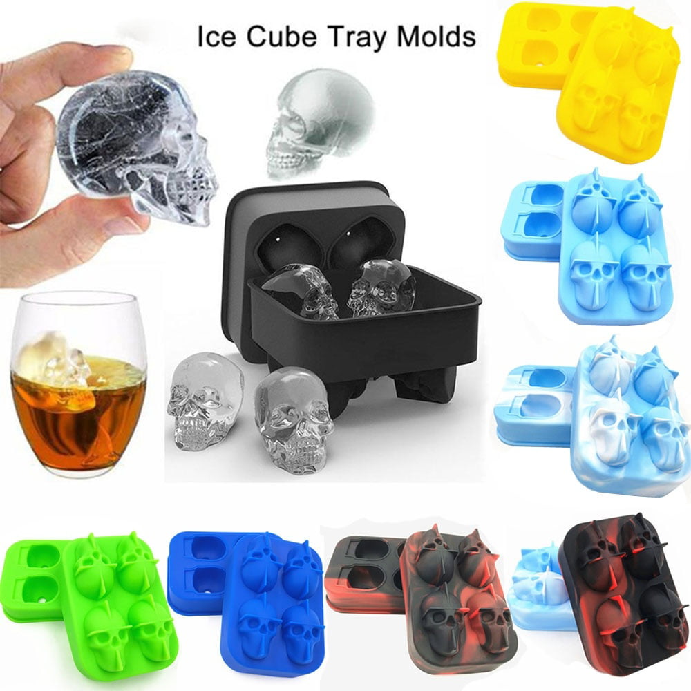 3D Skull Shape Bar Party Silicone Ice Cube Chocolate Maker Mold Trays 4-Cavity 