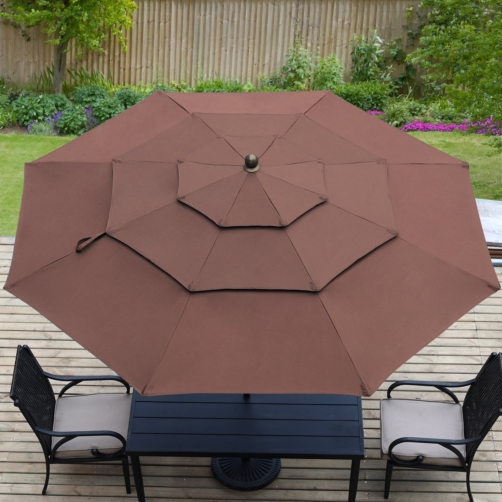 Aoodor 10ft 3-Tier Patio Umbrella, Outdoor Table Market Umbrella Tilt Adjustment and Crank - Coffee