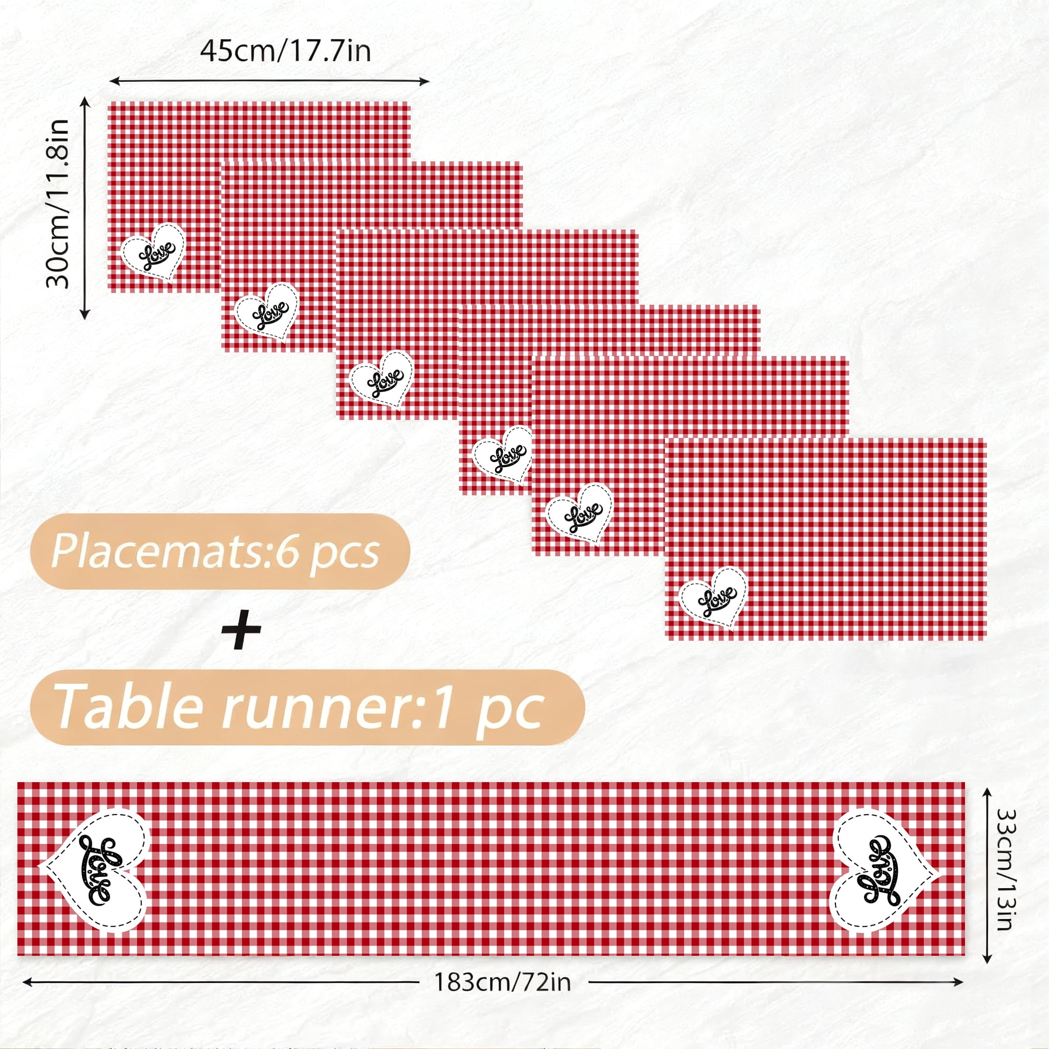 SUNOLIFE Valentine Placemat Set of 6 and Table Runner 72 In Bufflo Plaid Linen Place Mats for Dining Table Decor