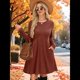 thumbnail image 5 of Vestido de Larga para Mujer, Cuello Redondo, Cintura Alta, Túnica con Bolsillos Color Caramelo M, 5 of 6