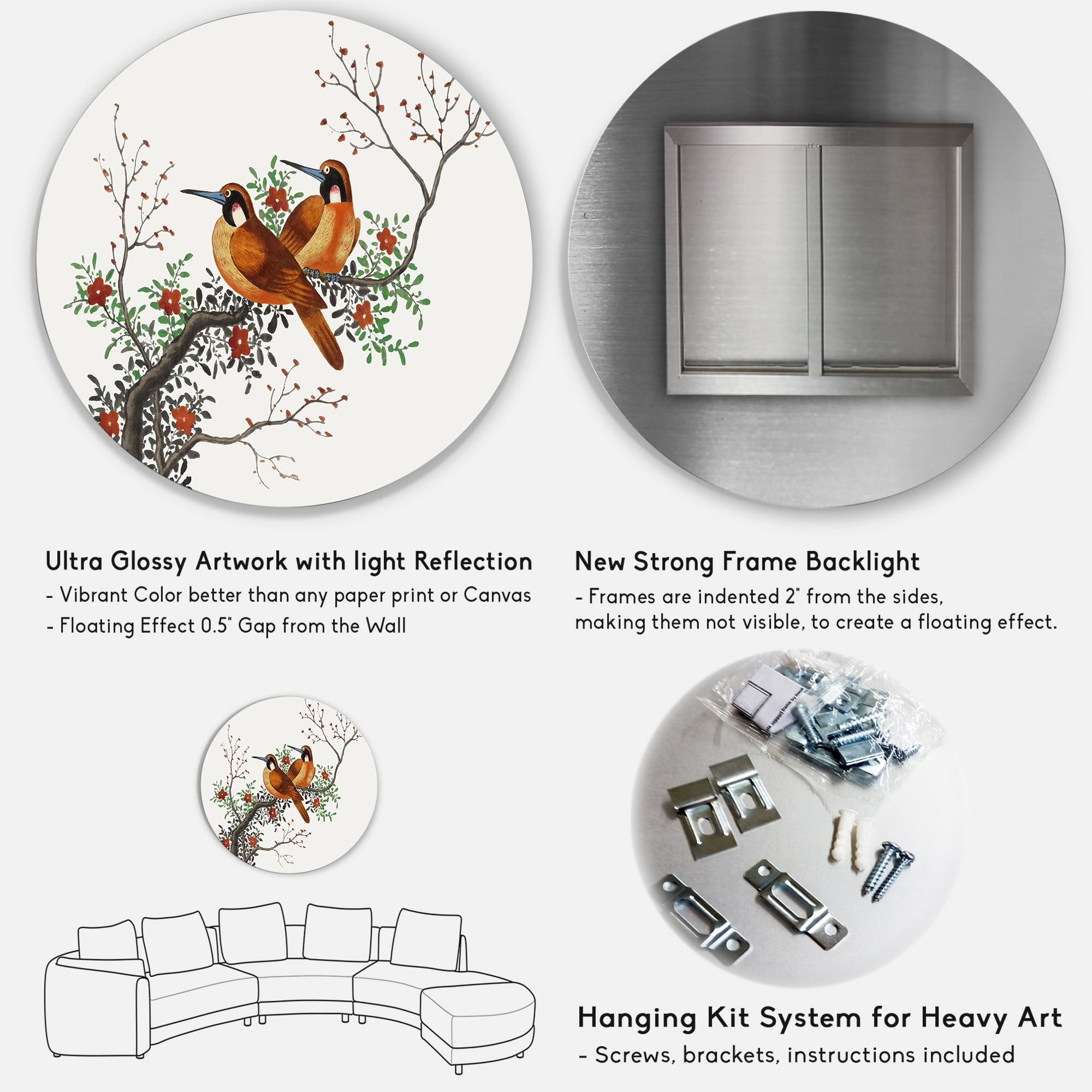 Designart 'A Flowering Tree Branch With Two Chinese Birds' Traditional Circle Metal Wall Art 36x36 - Disc of 36