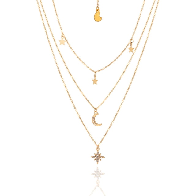 Collar Triple Dorado Mujer CYRA con Dijes de Luna y Estrellas