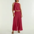 thumbnail image 3 of Conjunto de dos piezas de lino de color liso para mujer: top corto sin mangas con botones y pantalones de pierna ancha, tejido transpirable para el verano, 3 of 8