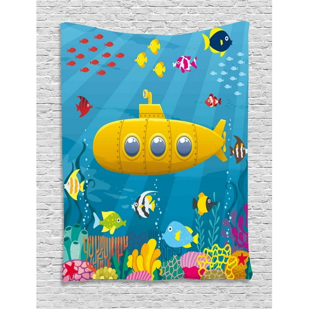 Yellow Submarine Tapestry, Coral Reef with Colorful Fish ...