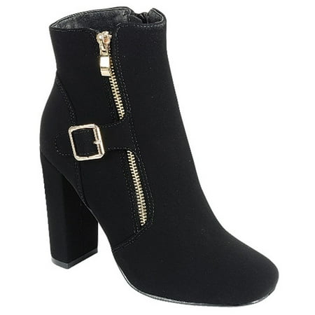 FL78 Women's Buckle Double Side Zipper High Block Heel Ankle Bootie FL78 Women's Buckle Double Side Zipper High Block Heel Ankle Bootie