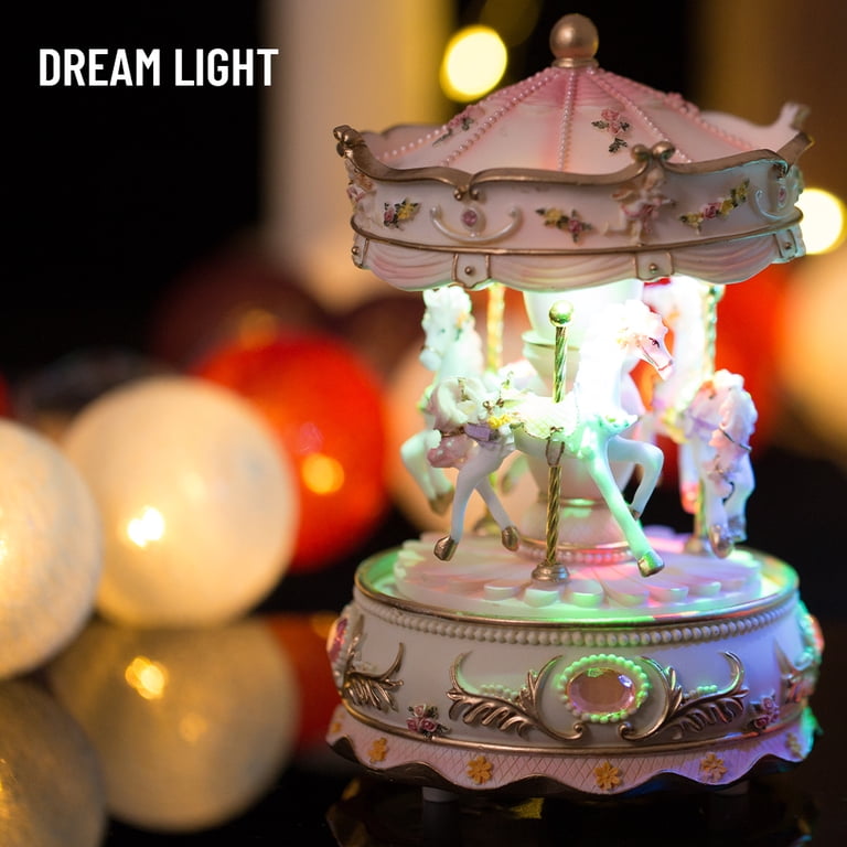 LOVE FOR YOU music box carousel unicorn, pink and white resin, LED
