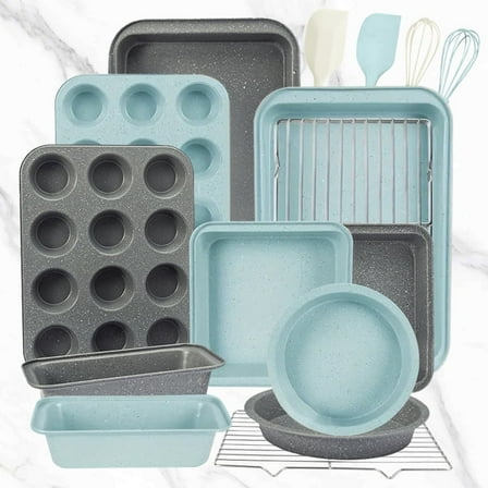 Bakeware Sets, Baking Pans Set, Nonstick Oven Pan for Kitchen with Wider Grips, 16 Pieces Including Rack, Cookie Sheet, Cake Pans, Loaf Pan, Muffin Pan, Pizza Pan - Grey Blue