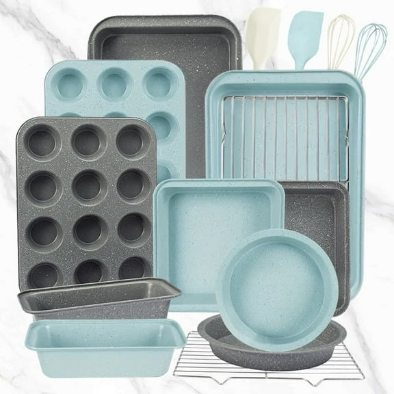 Bakeware Sets, Baking Pans Set, Nonstick Oven Pan for Kitchen with Wider Grips, 16 Pieces Including Rack, Cookie Sheet, Cake Pans, Loaf Pan, Muffin Pan, Pizza Pan - Grey Blue
