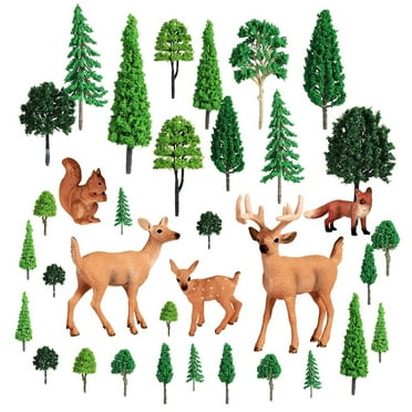 Enchanted Forest Miniature Tree Set - Woodland Figures Model Kit with Deer Style Toys - Miniature Cake Toppers for Kids Birthday Village Decor