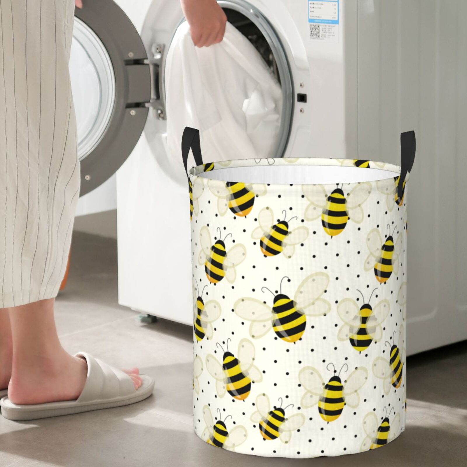 Large Laundry Basket with Handles - cute yellow bees polka dots Kids Baby Dirty Clothes Laundry Hamper for Bedroom Aesthetic