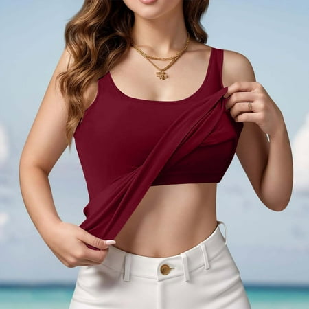 Bovemsi Women s Solid Color Sports Bra Tank Top  Built-In Padded Camisole for Workout & Casual Wear  Red  M