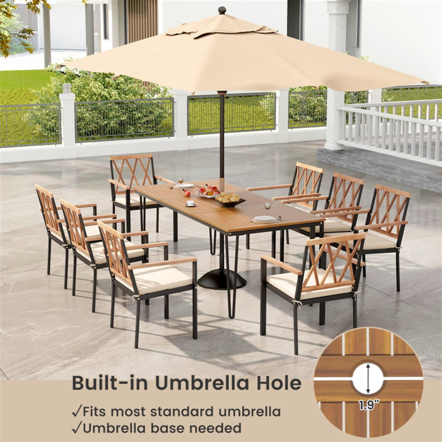 Demi Bonn 9-Piece Patio Dining Furniture Set, 35.5" Acacia Wood Table with Umbrella Hole and 22.5" Wide Chairs, Beige-A