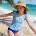 thumbnail image 4 of FYEGRE Girls Bathing Suit Two Piece Ruched Long Sleeve Rash Guard Print Design Swimsuit Blue 9-10 Years, 4 of 7