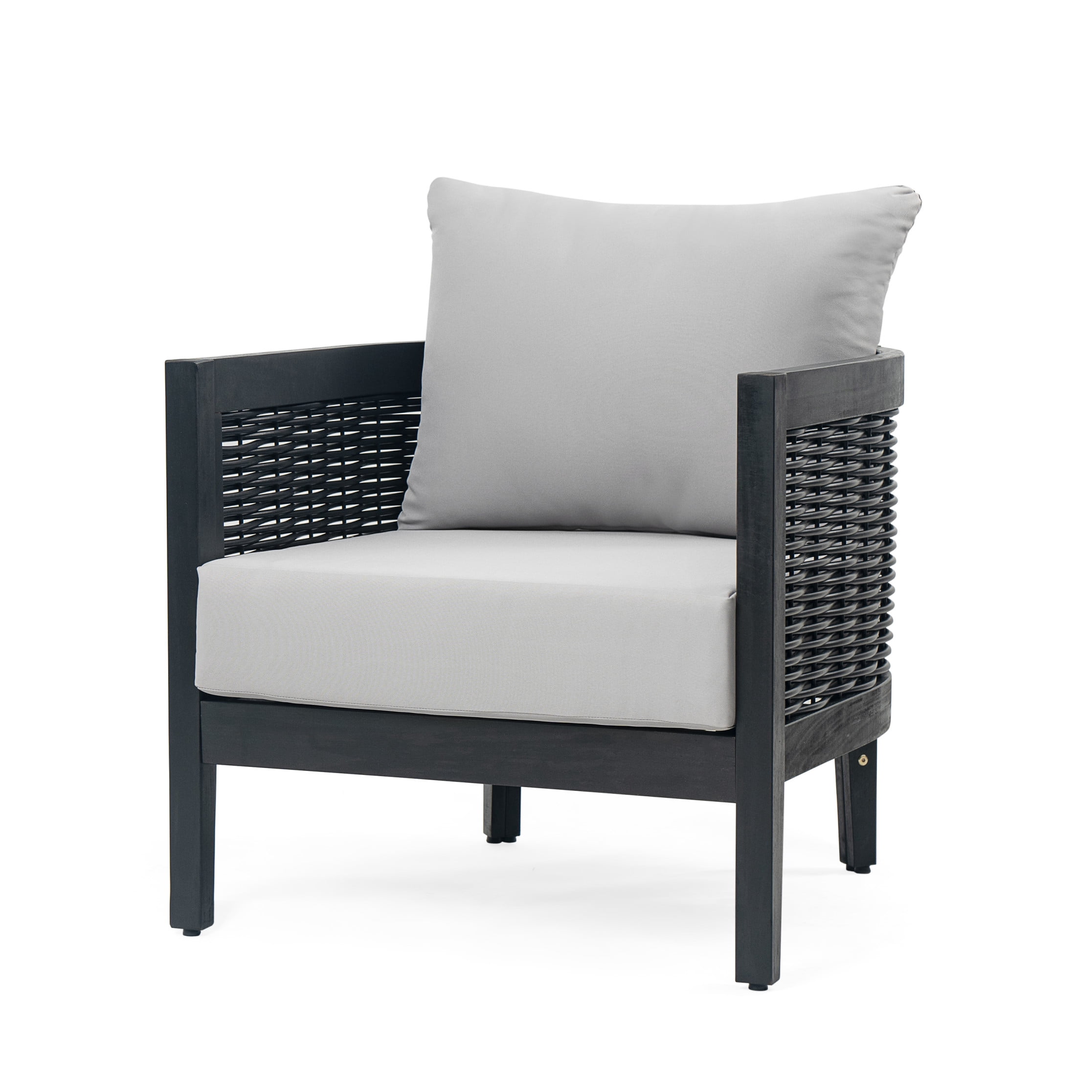 Felix Outdoor Patio Club Chair, Acacia Wood Wicker Armchair with Cushions, Black+Light Grey